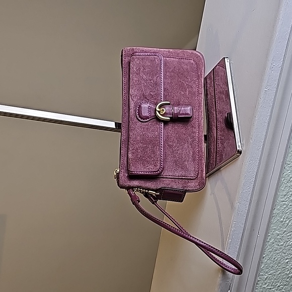 Coach Handbags - Coach Plum Suede Buckle Flap Goldtone Hardware Leather Trim Wristlet EUC